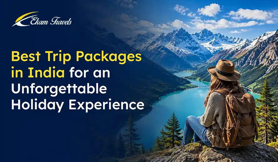 Traveler with backpack and hat overlooking a turquoise river valley and snow-capped mountains, promoting India's best trip packages.