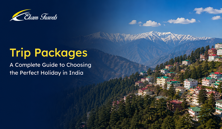 Scenic mountain town in India with snow-capped peaks, forested hills, and colorful houses promoting trip packages by Ekam Travels.