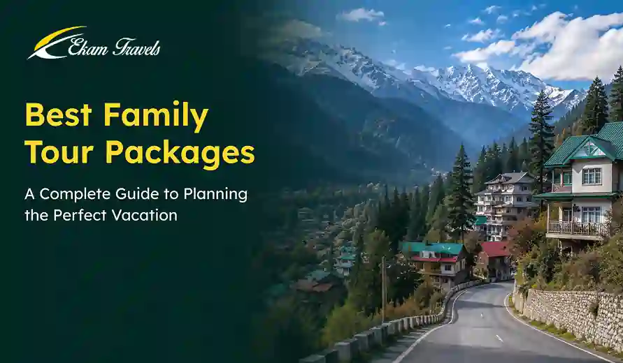 Ekam Travels advertisement featuring scenic mountain road, houses, trees, and text promoting best family tour packages.