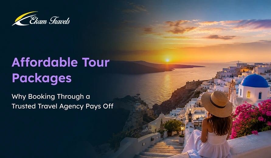 Scenic sunset view of Santorini with a woman in a hat overlooking the sea, promoting affordable tour packages by Ekam Travels.