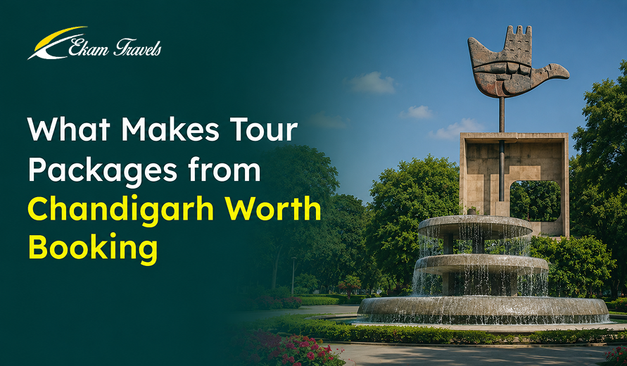 Ekam Travels ad featuring a fountain and surreal hand sculpture in Chandigarh with text about booking tour packages from Chandigarh.